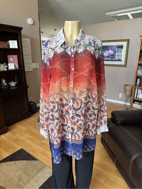 Susan Graver multicolored & multi-pattern sheer button up tunic-size M